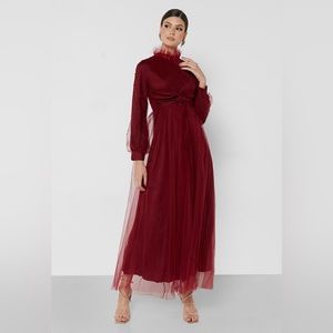 Long sleeve maxi tulle puff sleeve modest dress